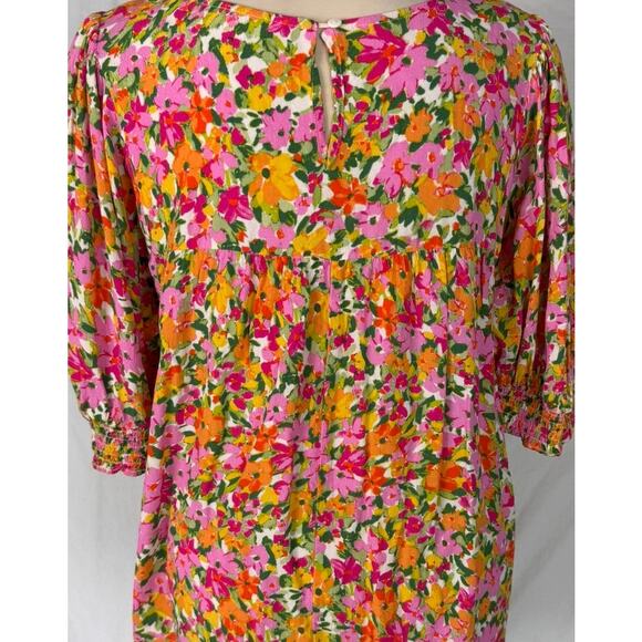 Terra & Sky 14W 0X 100% Rayon Pink Orange Floral Blouse Short Sleeve - Picture 7 of 8